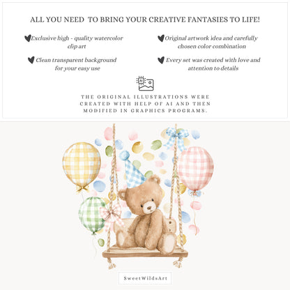 Sweet Classics - Teddy Bear Clipart, Pastel Birthday Bears Toys, Cute Baby Animals, Sweet Nursery | 60 PNG