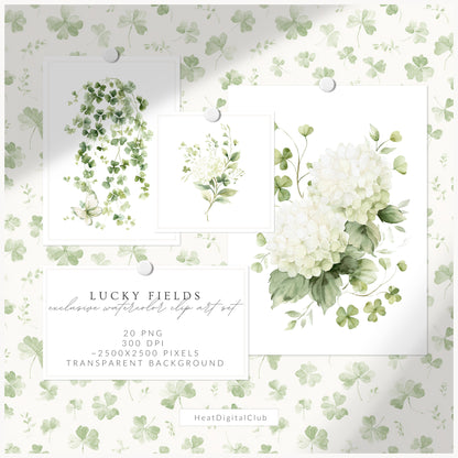 Lucky Fields - Floral Arrangements Clipart, St Patrick's Day Shamrock, Clover Hydrangea | 20 PNG