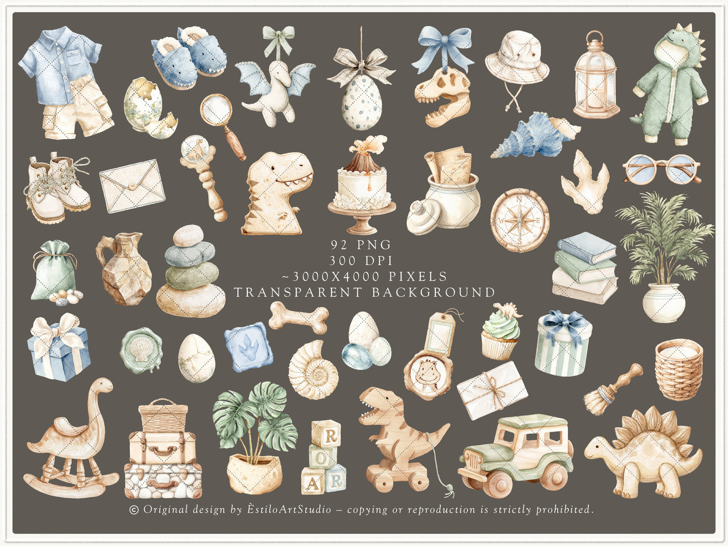 Dino Atelier - Clipart, Baby Dinosaurs, Plush Toys Animals, Prehistoric Baby Shower, Nursery | 102 PNG/JPEG