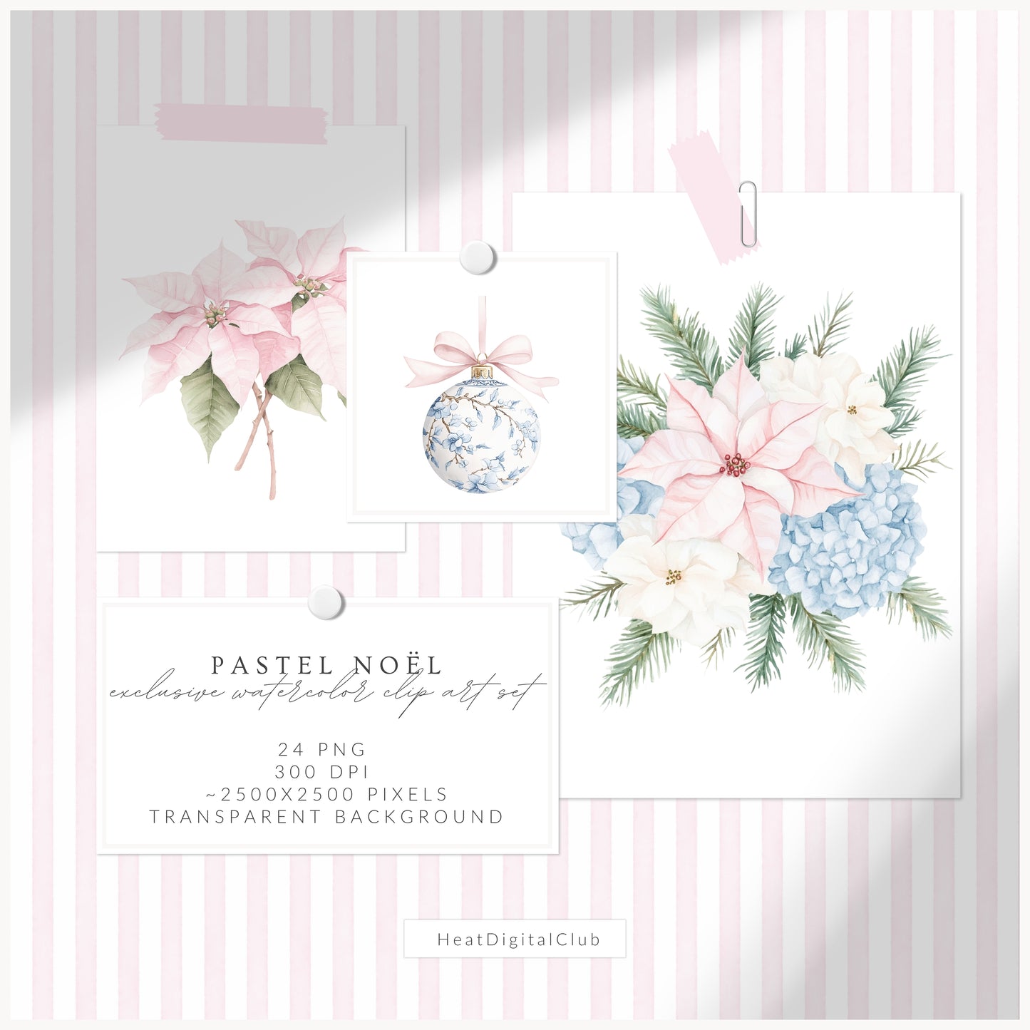Pastel Noël - Floral Arrangements, Christmas, Soft Holiday Bouquets, Pink & Blue Greenery | 24 PNG
