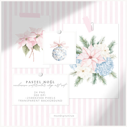Pastel Noël - Floral Arrangements, Christmas, Soft Holiday Bouquets, Pink & Blue Greenery | 24 PNG