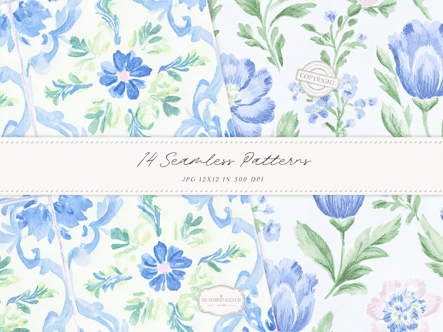 Grandmillennial Set 6 - Seamless Patterns, Italian Lemon Floral, Blue Yellow Tile, Plaid Digital Repeating Pattern | 14 JPEG