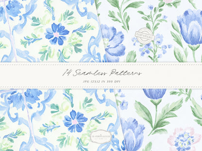 Grandmillennial Set 6 - Seamless Patterns, Italian Lemon Floral, Blue Yellow Tile, Plaid Digital Repeating Pattern | 14 JPEG