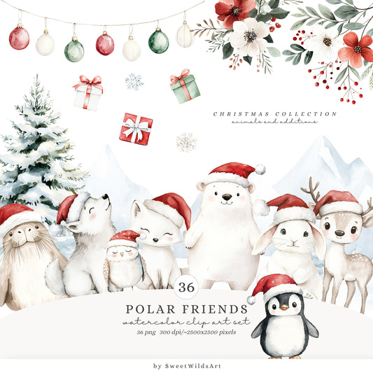 Polar Friends - Cute Arctic Animals, Christmas Babies Clipart, Winter | 36 PNG