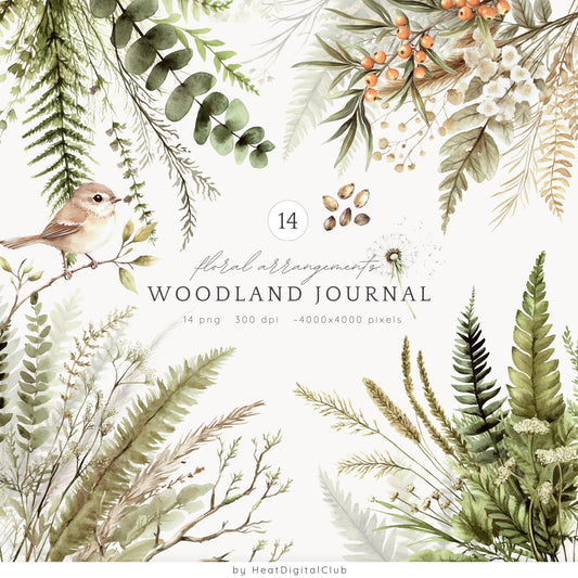 Woodland Journal - Floral Arrangements, Botanical Forest Herbs | 14 PNG