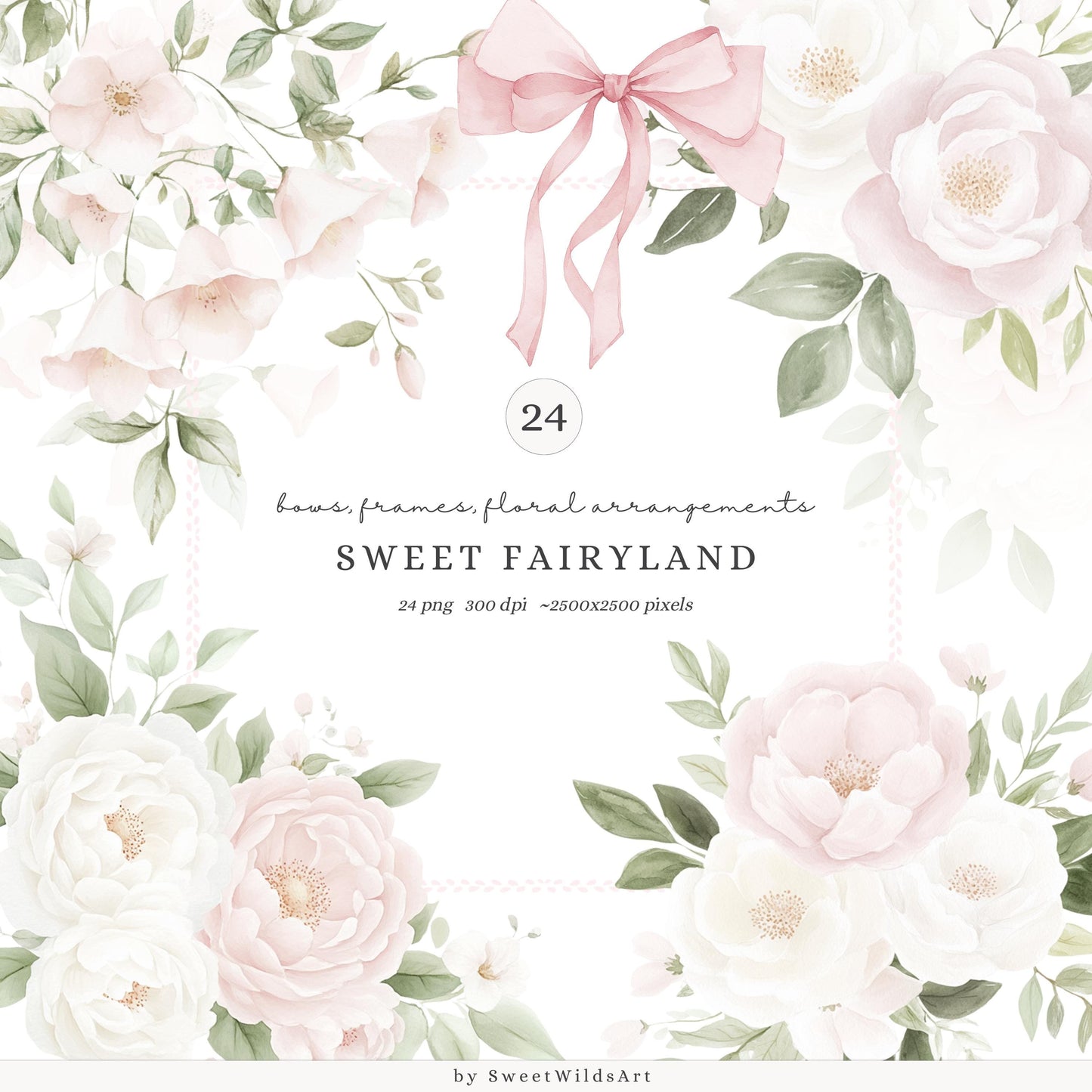 Sweet Fairyland - Floral Arrangements, Pink White Peonies, Garden Bows | 24 PNG