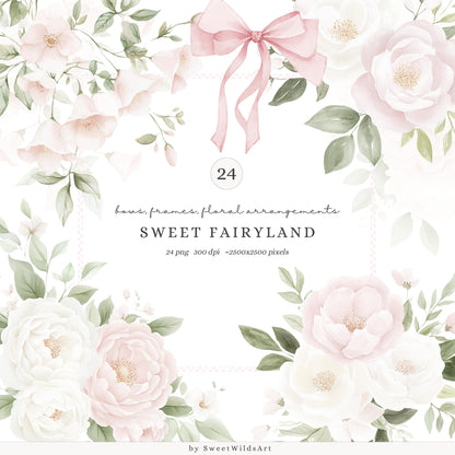 Sweet Fairyland - Floral Arrangements, Pink White Peonies, Garden Bows | 24 PNG