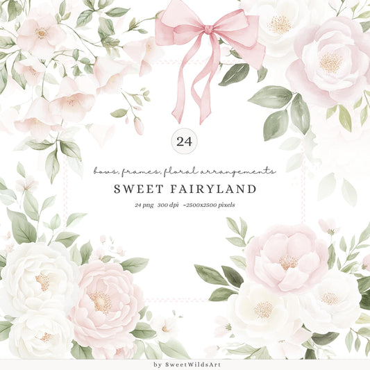 Sweet Fairyland - Floral Arrangements, Pink White Peonies, Garden Bows | 24 PNG