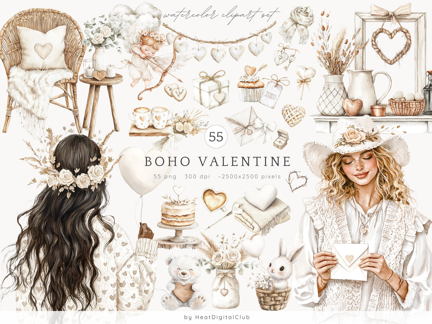Boho Valentines - Collection Bundle, Romantic Clipart, Rustic Love | 77 PNG/JPEG