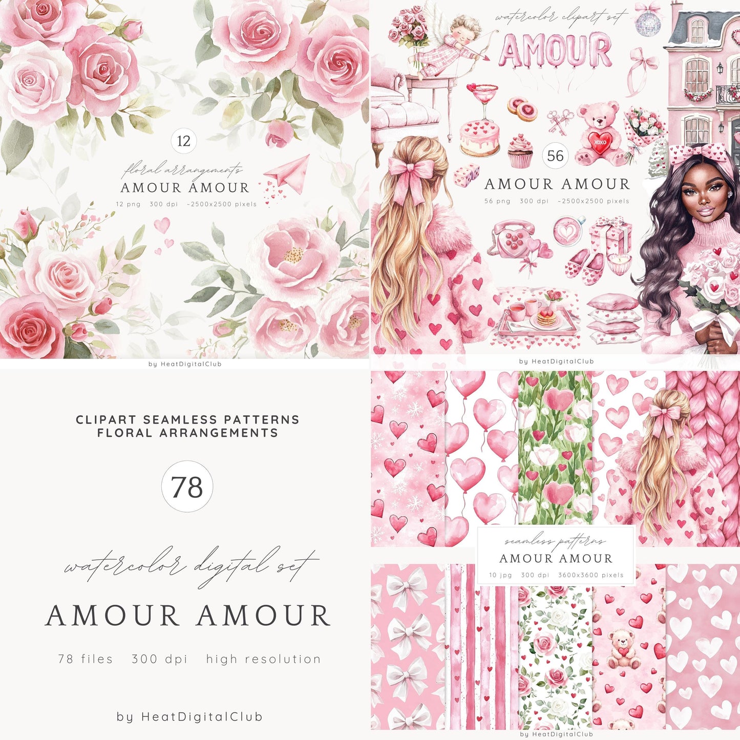 Amour Amour - Collection Bundle, Valentines Day Clipart, Love | 78 PNG/JPEG