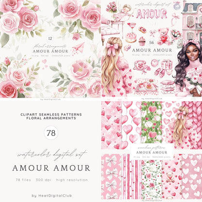 Amour Amour - Collection Bundle, Valentines Day Clipart, Love | 78 PNG/JPEG