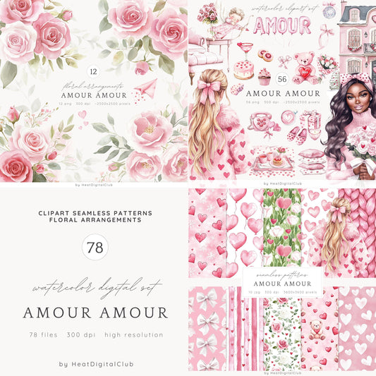 Amour Amour - Collection Bundle, Valentines Day Clipart, Love | 78 PNG/JPEG