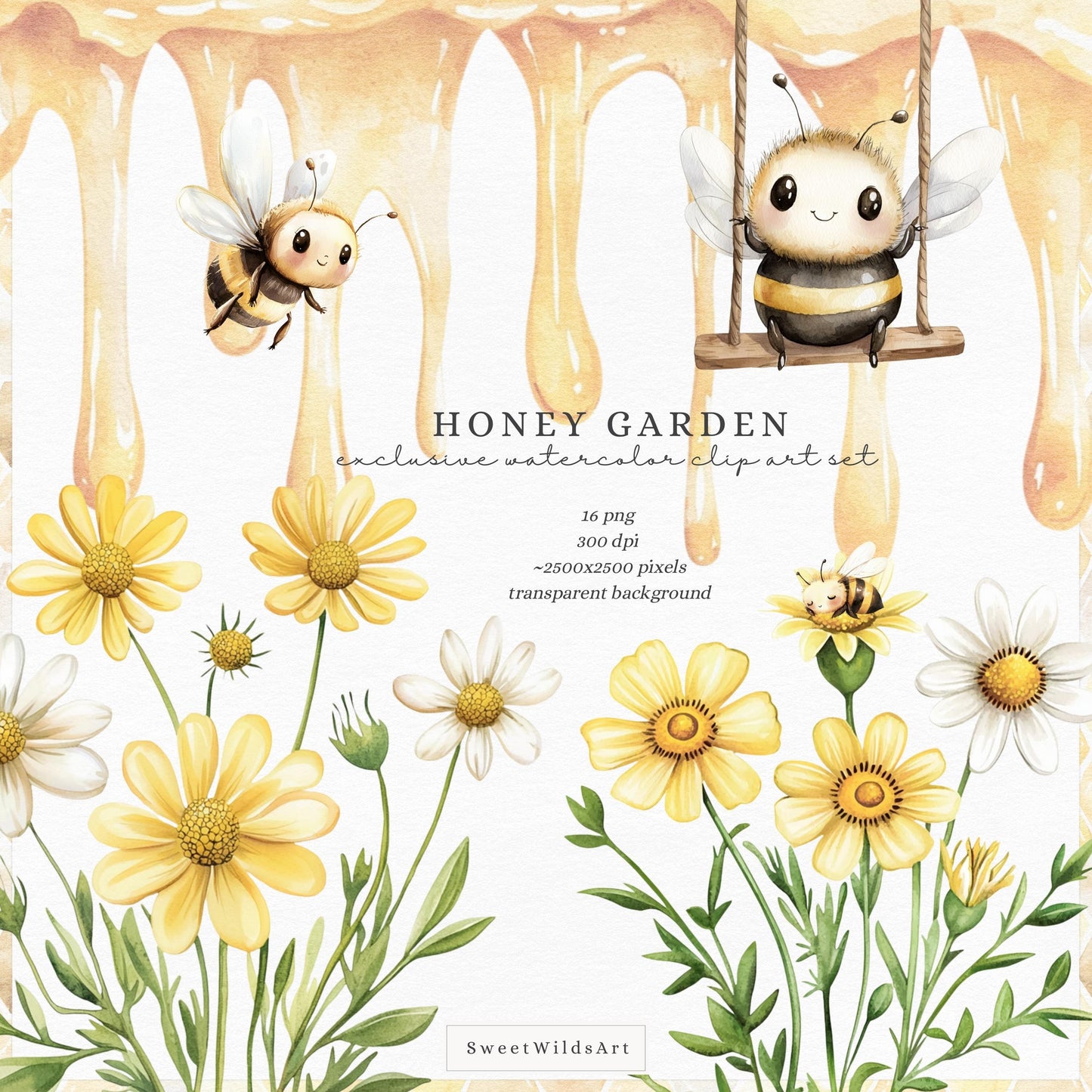 Honey Garden - Floral Arrangements, Daisies, Dandelions, Bees and Honey | 16 PNG