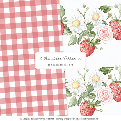 Sweet Strawberry - Seamless Patterns, Berry, Strawberry | 10 JPEG