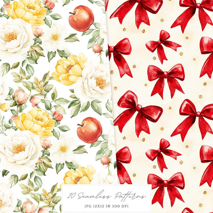Modern Snow White - Seamless Patterns, Fantasy, Floral, Roses | 10 JPEG