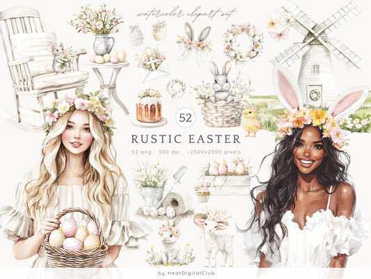 Rustic Easter - Clipart, Pastel, Bunny, Spring | 52 PNG