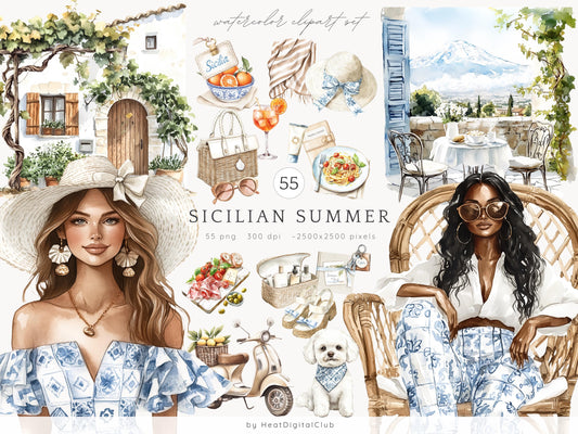 Sicilian Summer - Mediterranean Vacation, Italy Coastal Clipart | 55 PNG