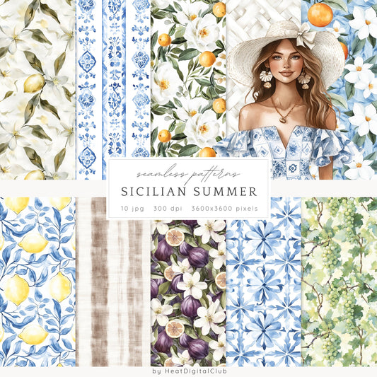 Sicilian Summer - Seamless Patterns, Italian Tile, Floral | 10 JPEG
