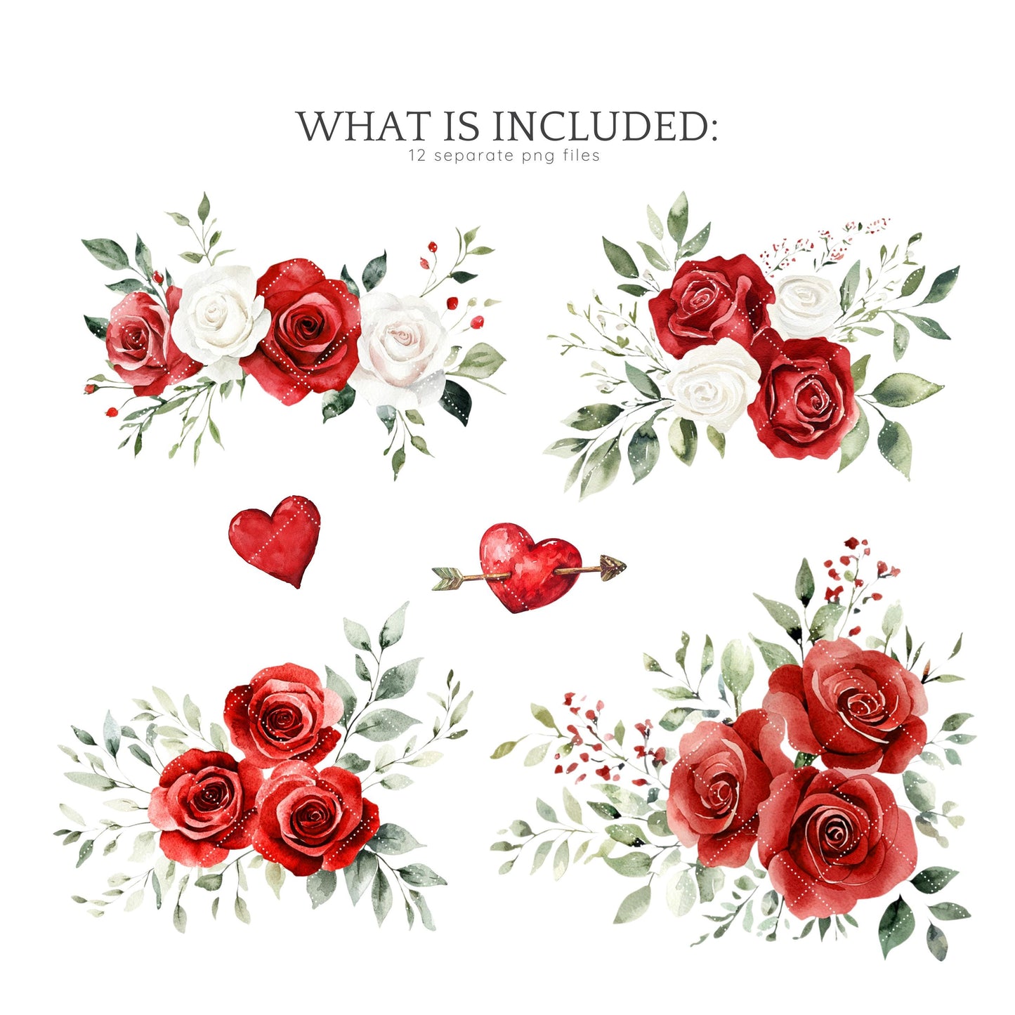 XOXO - Valentines Day Floral Arrangements Clipart, Red Roses | 12 PNG
