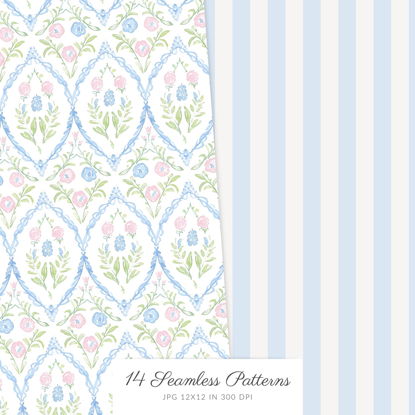 Grandmillennial - Seamless Patterns, Pastel Floral, Stripes, Plaid, Glitter | 14 JPEG