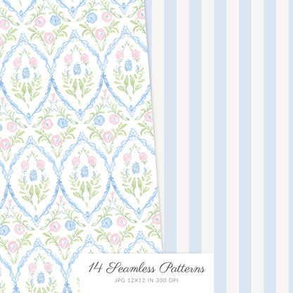 Grandmillennial - Seamless Patterns, Pastel Floral, Stripes, Plaid, Glitter | 14 JPEG