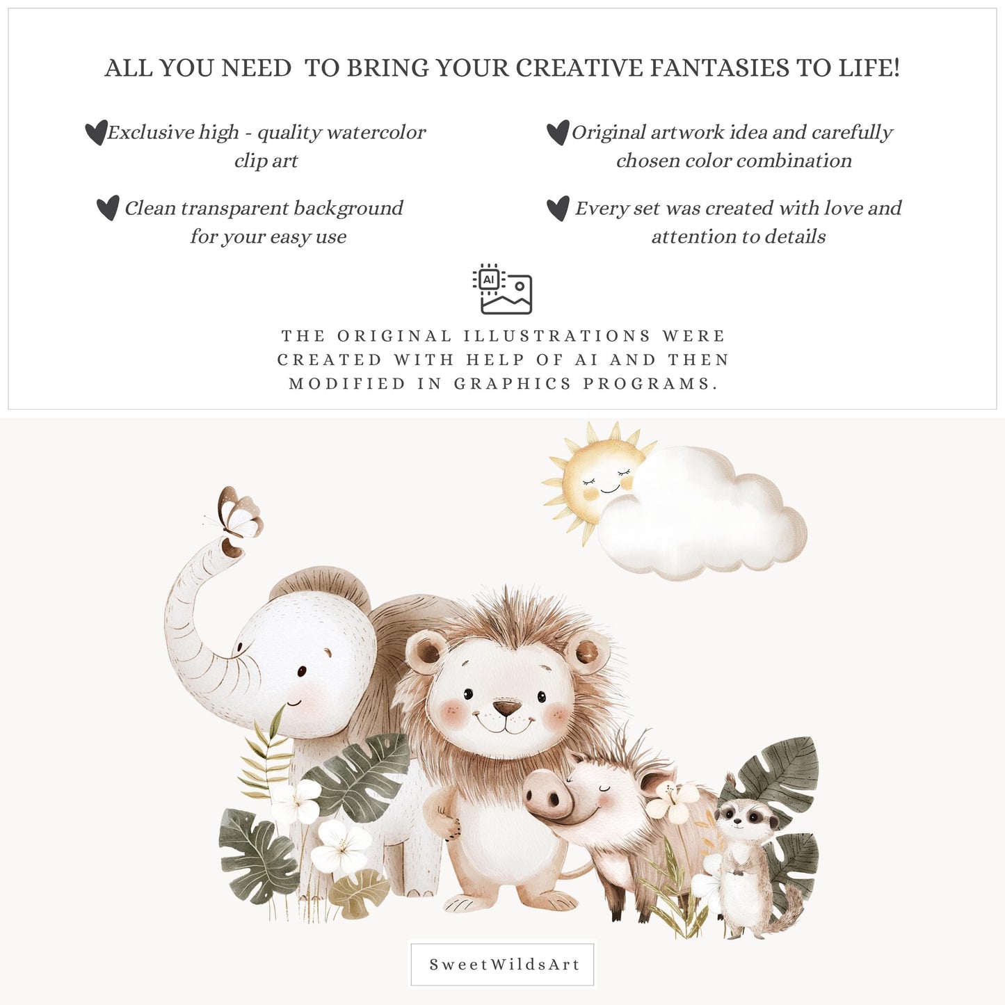 Baby Lion and his Friends - Safari Animals Clipart, Cute, Baby Shower, Nursery | 27 PNG