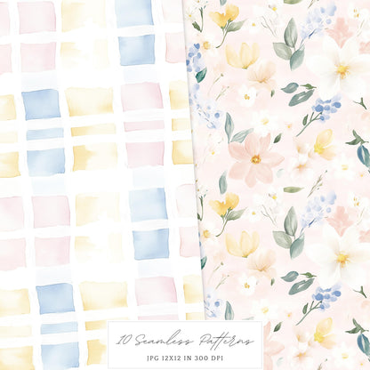 Spring Planner Lover - Seamless Patterns, Floral Pastel, Plaid | 10 JPEG
