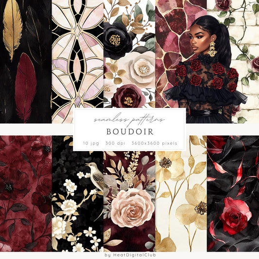 Boudoir - Seamless Patterns, Vintage Background, Elegant Roses | 10 JPEG