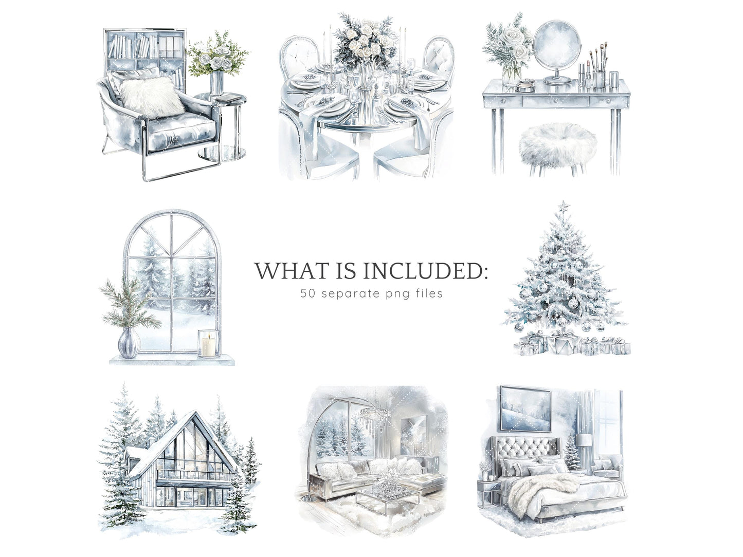 Silver Ice - Cozy Winter Clipart, Modern Holidays, Christmas | 50 PNG