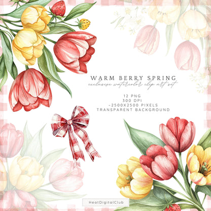 Warm Berry Spring - Floral Arrangements Clipart, Tulips Flowers | 12 PNG