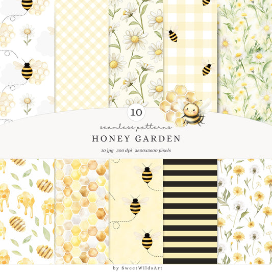Honey Garden - Seamless Patterns, Bees, Honeycombs, Gingham | 10 JPEG