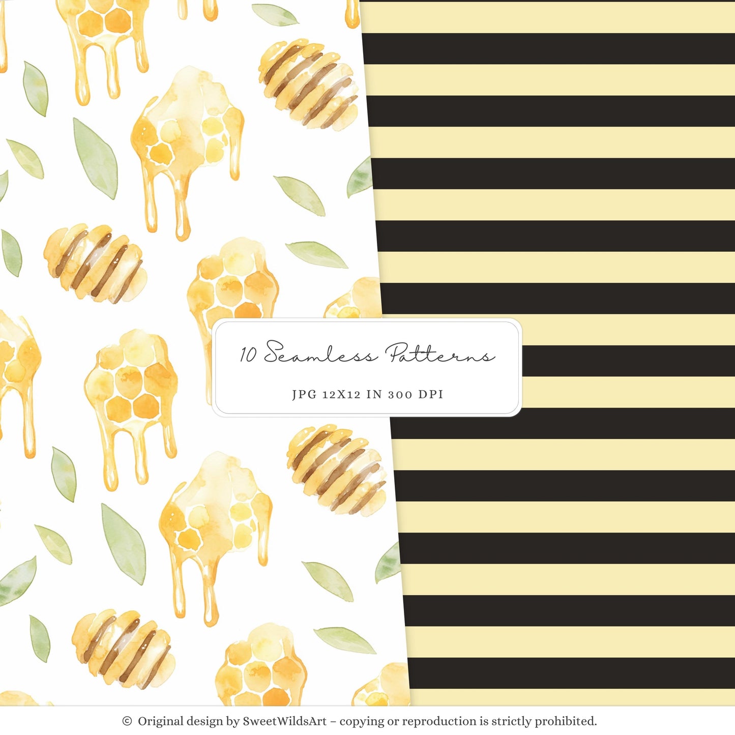 Honey Garden - Seamless Patterns, Bees, Honeycombs, Gingham | 10 JPEG
