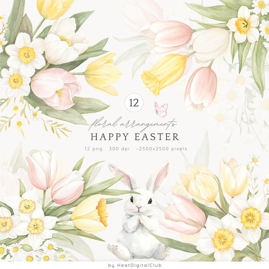 Happy Easter - Floral Arrangements Clipart, Tulips, Spring Bouquet | 12 PNG