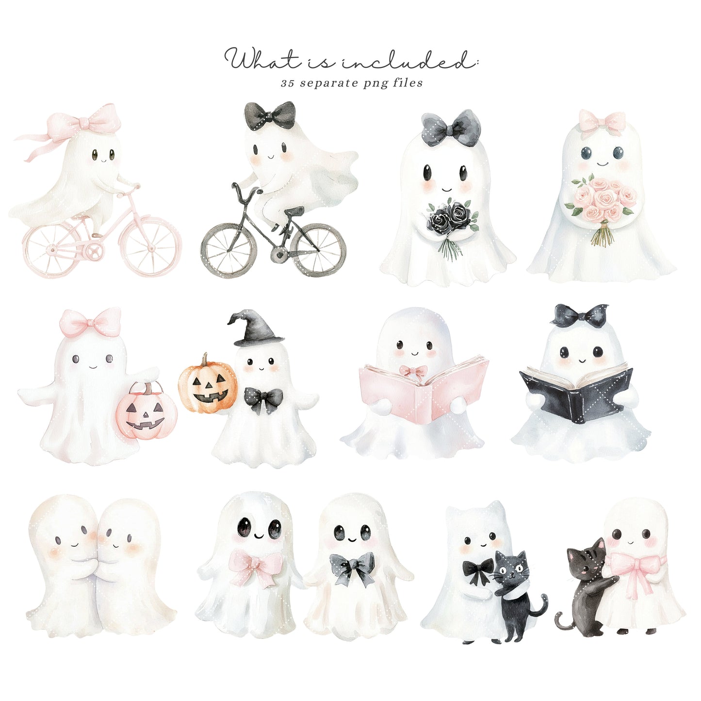 Ghostly Cuties - Cute Halloween Clipart, Spooky Ghosts, Pumpkin, Kids | 35 PNG