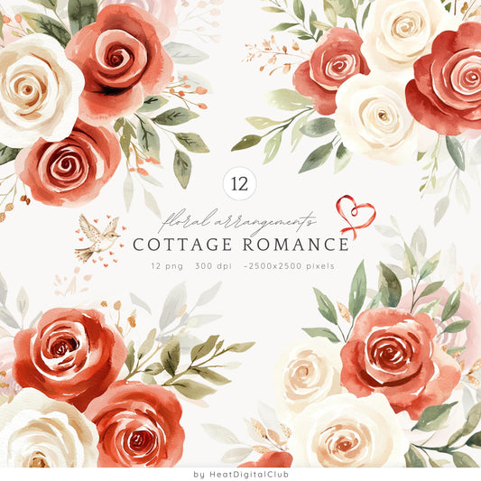 Cottage Romance - Valentines Day Floral Arrangements Clipart, Red Roses | 12 PNG
