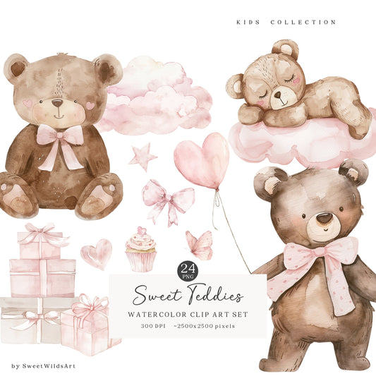 Sweet Teddies - Pink Teddy Bear, Nursery Animal Clipart, Cute Party Invite | 24 PNG