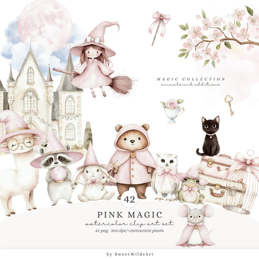 Pink Magic - Baby Animals Clipart, Cute Animal, Magic School, Wizard | 42 PNG