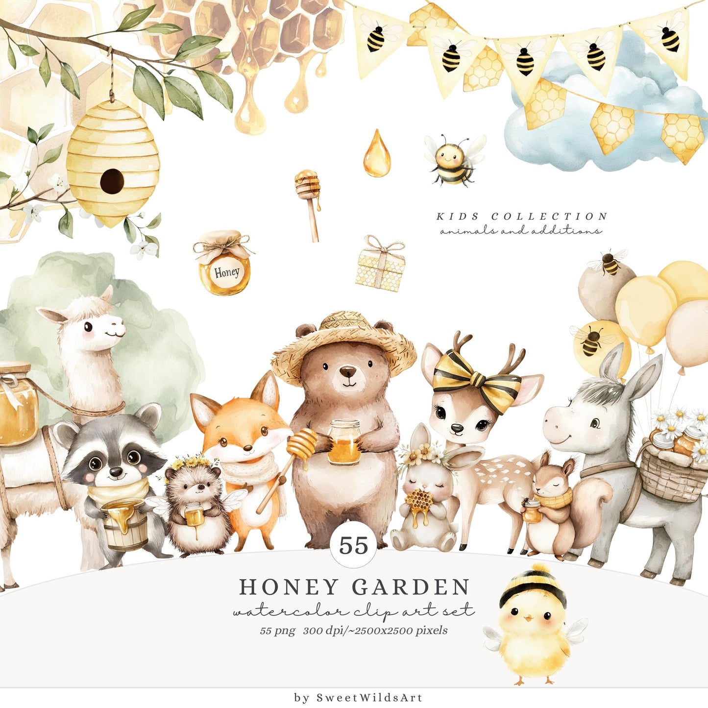 Honey Garden - Collection Bundle, Cute Animals, Baby Bee, Summer Flowers, Forest Friends, Digital Download