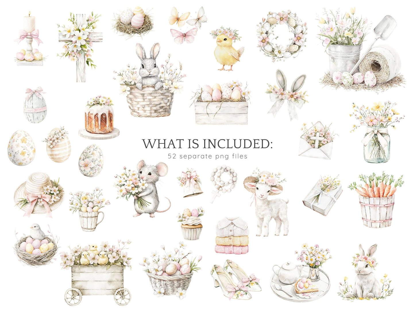 Rustic Easter - Clipart, Pastel, Bunny, Spring | 52 PNG