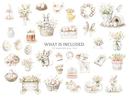 Rustic Easter - Clipart, Pastel, Bunny, Spring | 52 PNG