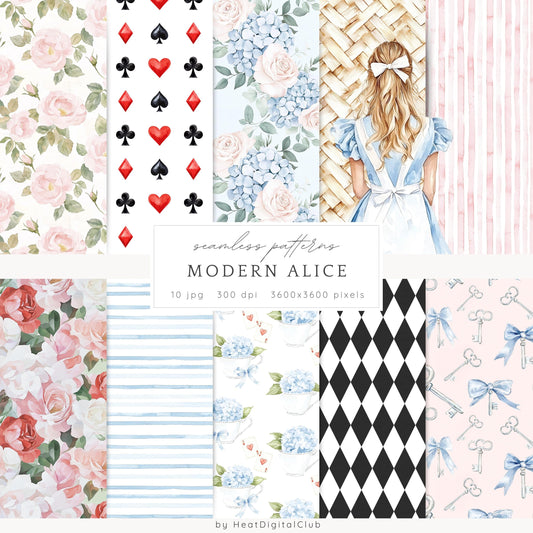 Modern Alice - Seamless Patterns, Fantasy, Floral, Roses | 10 JPEG