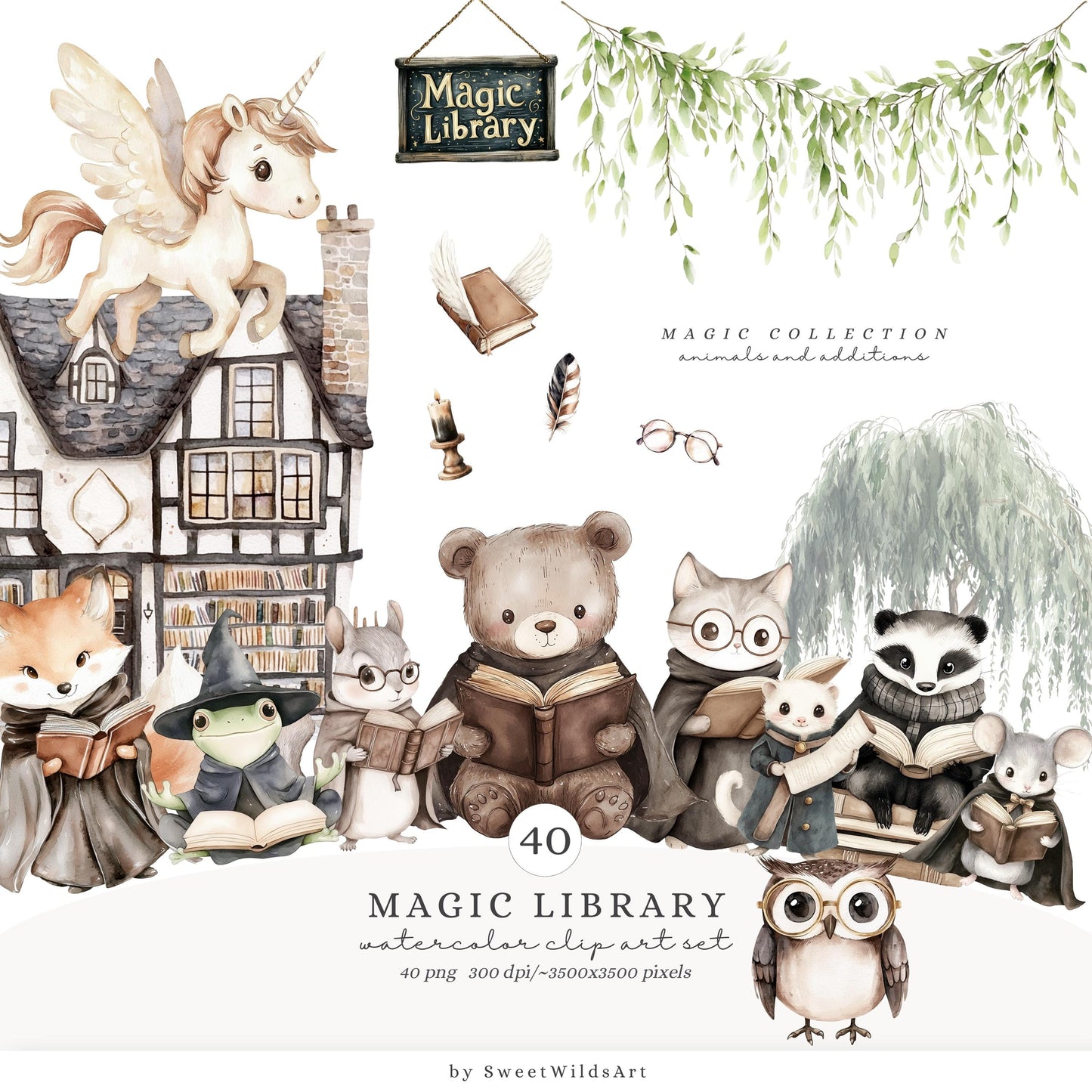 Magic Library - Baby Animals Clipart, Cute Magic School, Wizard Reading | 40 PNG