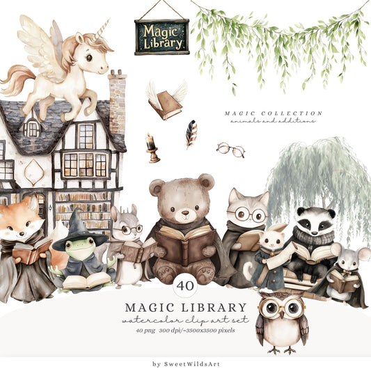 Magic Library - Baby Animals Clipart, Cute Magic School, Wizard Reading | 40 PNG