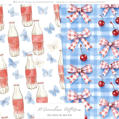 Americana Girl – Seamless Patterns, Gingham, Cherries, Florals | 10 JPG