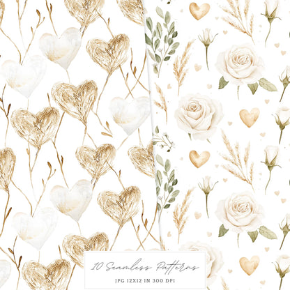 Boho Valentine - Valentines Day Seamless Patterns, Rustic, Romantic | 10 JPEG