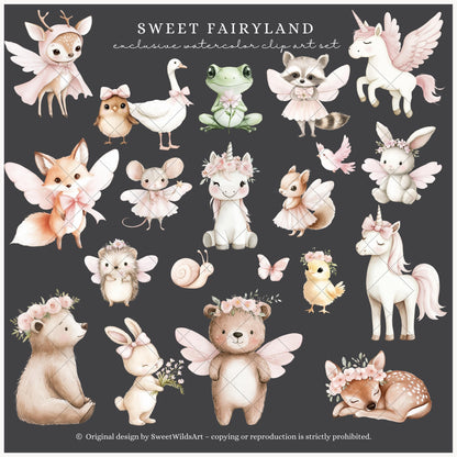 Sweet Fairyland - Cute Pink Clipart, Animals, Baby, Unicorn, Bunny, Deer | 60 PNG