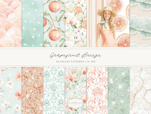 Grapefruit Breeze - Summer Seamless Patterns, Beach, Citrus, Mint Green Pattern, Coastal | 14 JPEG