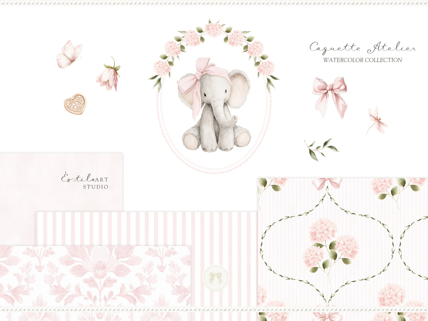 Coquette Atelier - Clipart Set, Soft Pink Baby Girl, Plush Toys, Nursery, Baby Shower | 97 PNG/JPEG