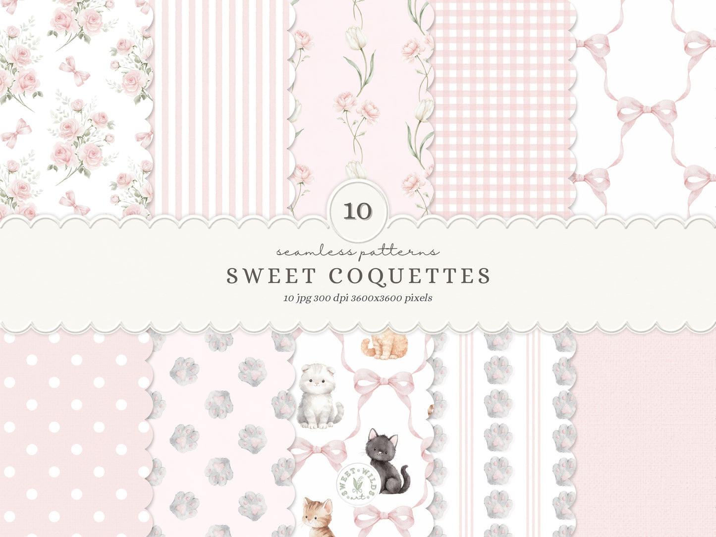 Sweet Coquettes - Seamless Patterns, Pink Digital Paper, Gingham Stripes Floral Patterns, Baby Girl | 10 JPEG