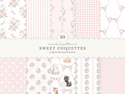 Sweet Coquettes - Seamless Patterns, Pink Digital Paper, Gingham Stripes Floral Patterns, Baby Girl | 10 JPEG